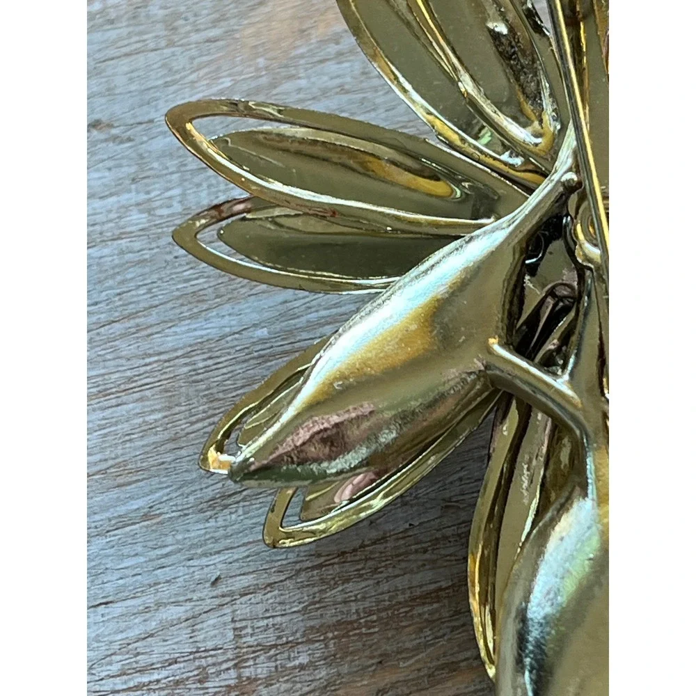 Gold Tone Layered Flower Brooch Aurora Borealis Rhinestone Floral Pin